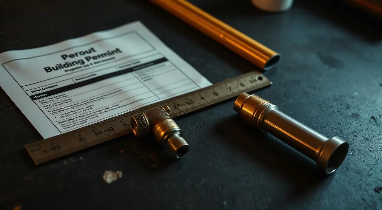 Building permit document with a brass T&P valve and CPVC pipe on a workbench — Fort Lauderdale plumbing codes for water heaters