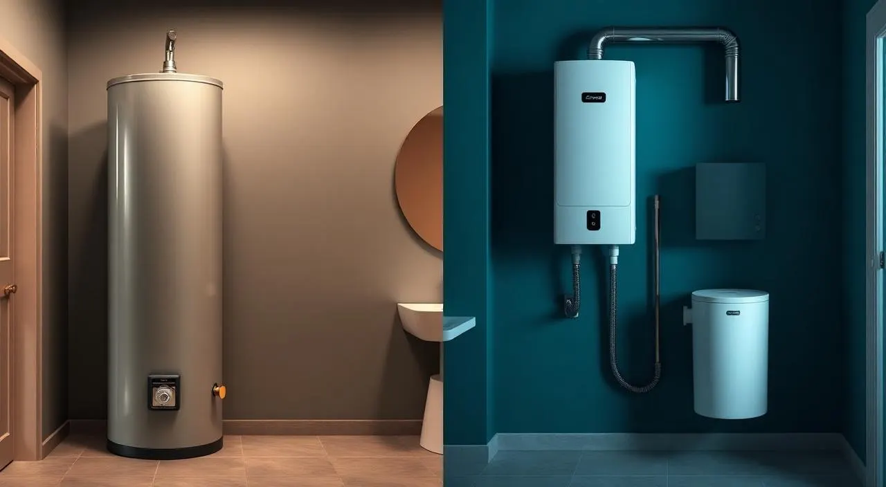 Side-by-side comparison of a traditional tank water heater and a wall-mounted tankless water heater for Fort Lauderdale homes