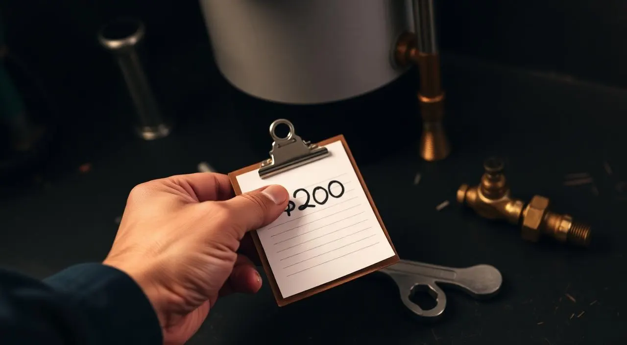 Plumber holding a clipboard estimate next to brass valves and a wrench — water heater repair cost guide for Fort Lauderdale