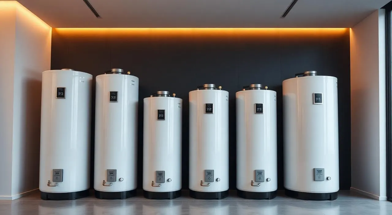 Row of residential water heater tanks in escalating sizes — water heater sizing guide for Fort Lauderdale homes