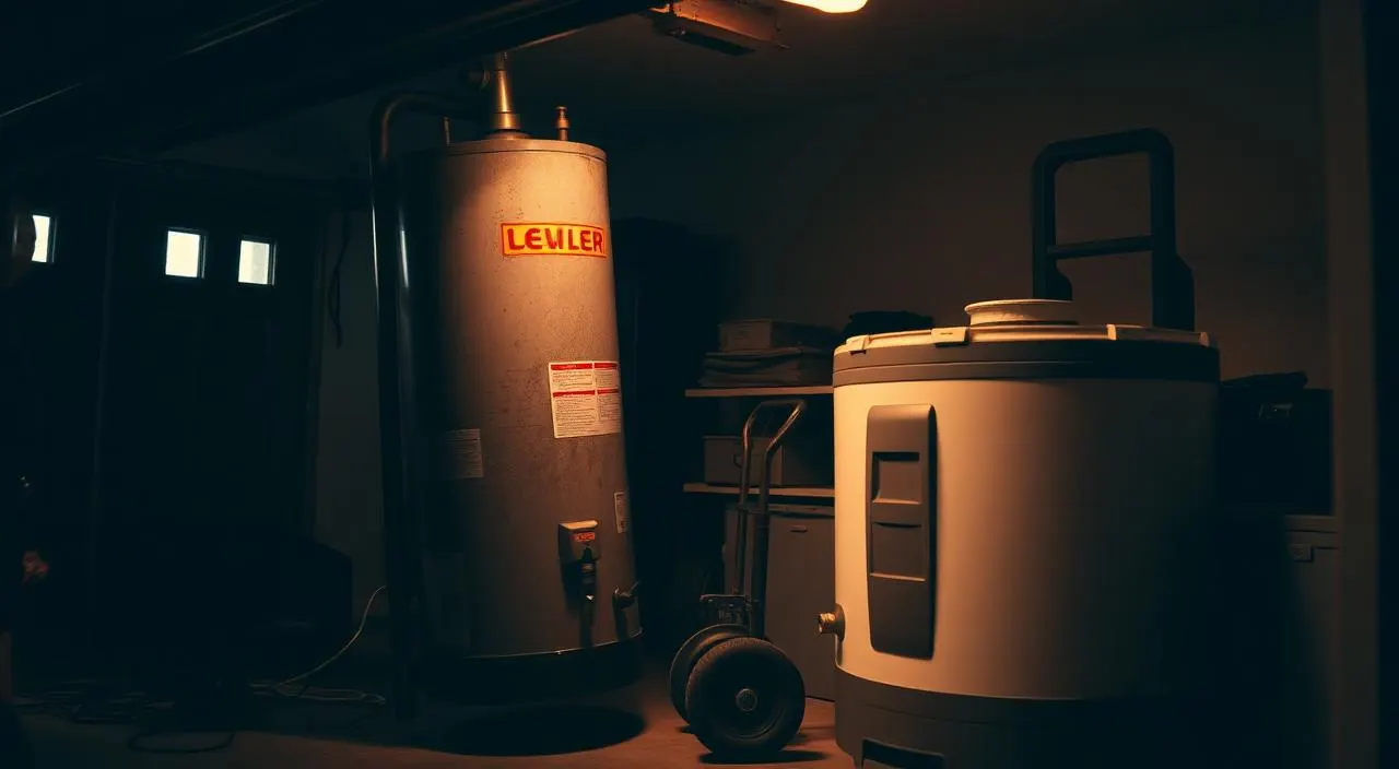 Old water heater being removed beside a new replacement unit in a Fort Lauderdale garage — when to replace your water heater
